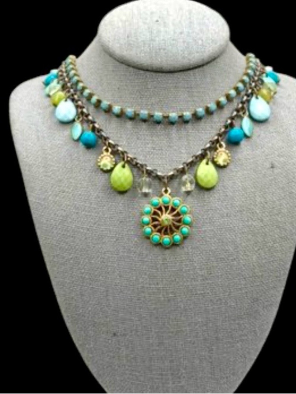 Vintage Whimsical Gold Tone Necklace Blue Green + Turquoise Color Beads Charms